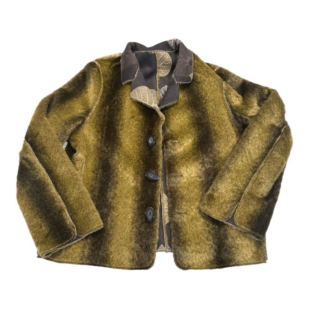 Robert Kitchen Canada Reversible Jacket Faux Fur Faux Suede Leaf Print W’s L - Picture 3 of 11